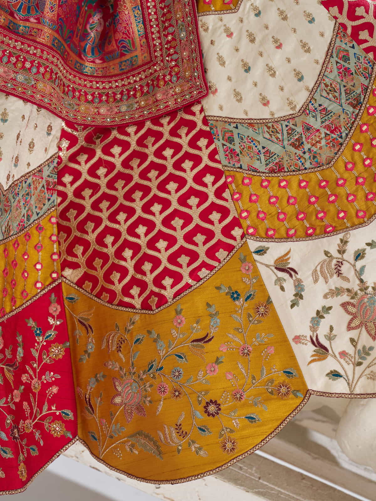 Multicolour Banarsi Mosaic scallop designer bridal lehnga