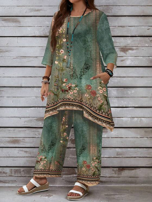 EMERY ROSE 2pcs Plus Size Women's Casual Vintage Floral Print Asymmetric Hem Top And Pants Loose Suit, For Summer,Holiday Outfits Boho