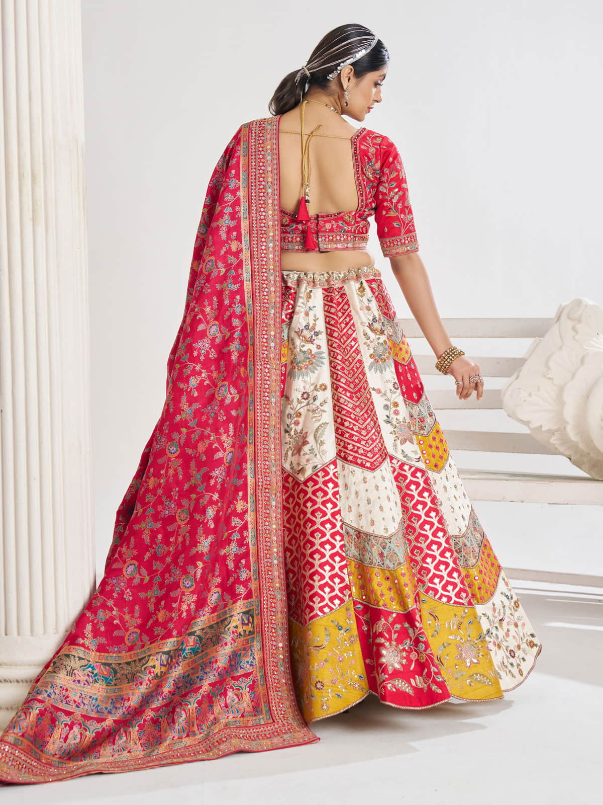 Multicolour Banarsi Mosaic scallop designer bridal lehnga