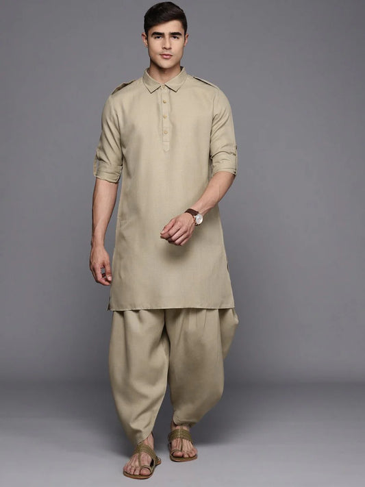 Beige Linen Pathani Kurta with Dhoti Pants