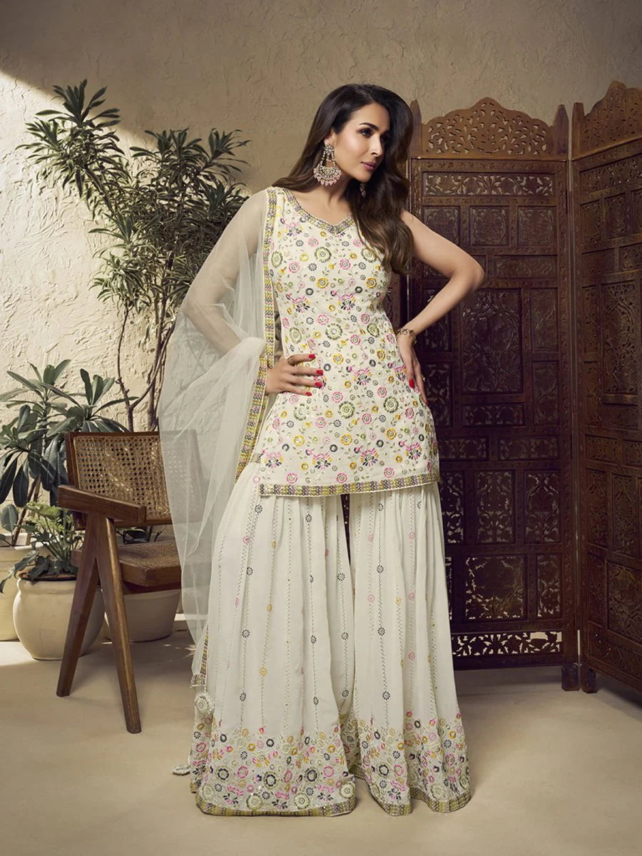 Malaika Arora White Floral Multi Thread and Sequines Embroidered Kurta Set