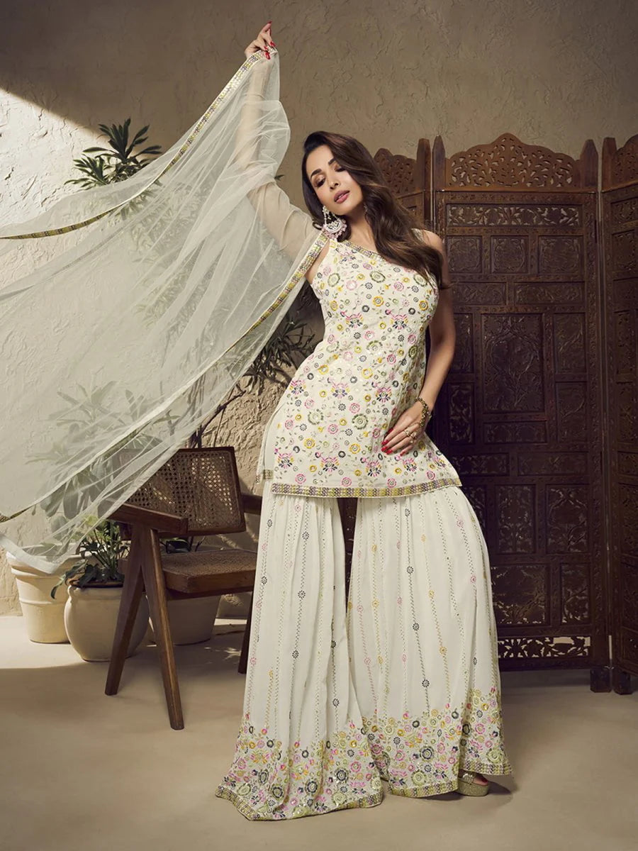 Malaika Arora White Floral Multi Thread and Sequines Embroidered Kurta Set