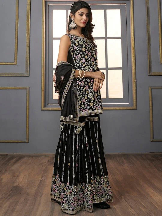 V-Neck Floral Embroidered Sequinned Detailed Kurta & Sharara With Dupatta