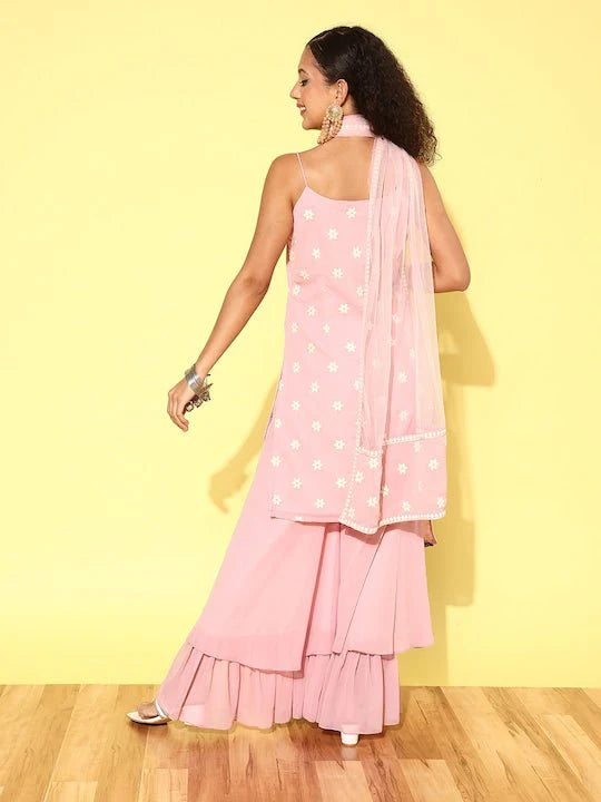 Women Floral Embroidered Regular Thread Work Kurta with Sharara & With Dupatta