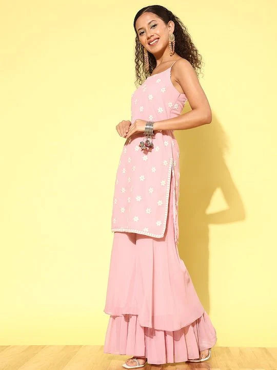 Women Floral Embroidered Regular Thread Work Kurta with Sharara & With Dupatta